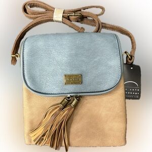 NWT! Liz Soto Blue and Tan Crossbody Bag